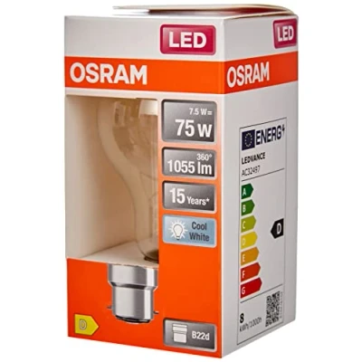 Imagen de OSRAM Lámpara LED Star de filamento transparente, casquillo B22d, blanco frío (4000K), forma bombilla, juego recambio para bombillas convencionales 75W, paquete 6