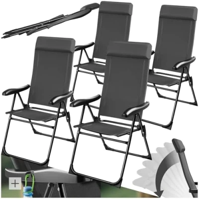 Imagen de tectake® Silla de Camping Plegable Aluminio, Respaldo Ajustable 7 Posiciones, Tejido Transpirable, Reposabrazos Ergonómicos, Cojín Extraíble, Pies Antideslizantes, Ideal Acampada y Playa 4 sillas