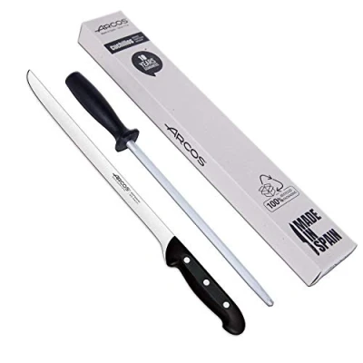 Imagen de Arcos jamonero Profesional Cuchillo Inoxidable NITRUM Mango Negro Jamon iberico Serie Maitre Hoja Flexible y Filo Liso 275 mm Acero