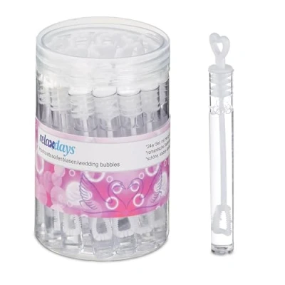 Imagen de Relaxdays Unidades Pomperos Boda, Set de 24, Tubitos para Burbujas Jabón con Asa en Forma Corazón, Regalo Invitados, Blanco, Líquido pompas, 10,5 x 1,3 cm