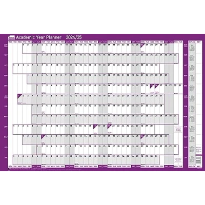 Imagen de Sasco planificador de pared para año académico 2024 2025, agosto a julio, escolar y universitario, calendario borrado en seco, color morado, 915 x 610 mm, 2410227