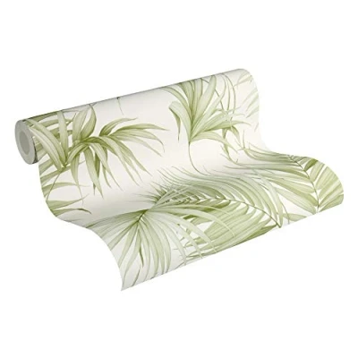 Imagen de Michalsky Living Dream Again 365051 36505 1 Papel pintado (fieltro, 10,05 x 0,53 m), diseño de palmeras, color crema, blanco y verde
