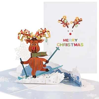 Imagen de Tarjeta de Navidad desplegable 3D con Papá Noel y renos para niños, mujeres hombres