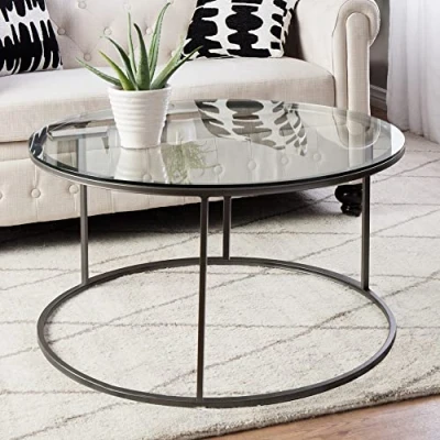 Imagen de Mesa de Centro Auxiliar Redonda Soporte Estable Montaje Rápido Metal/Vidrio Templado Ø80 x45 cm Negro/Transparente