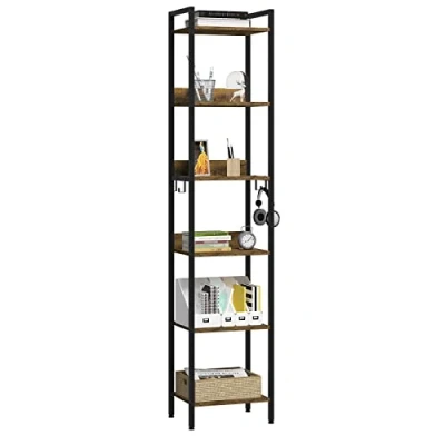 Imagen de EUGAD Estanteria Almacenaje de 6 Niveles, estilo Industrial, Alta Pie, Madera y Metal con 4 Ganchos, Negro + Marrón Rústico, 40x30x187cm