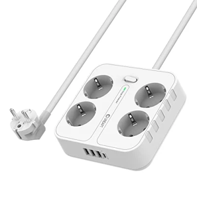 Imagen de Unidapt Regleta Enchufe USB, de 4 Tomas Corrientes y Rápida USB Tomas, 8 en 1 Multiple con Interruptor Protección contra Sobrecargas, Cable 1,8M, Blanco