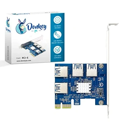 Imagen de Donkey pc PCI Express 16X Tarjeta Riser Card, Multi Puertos E 1X a 4 USB 3.0 Bitcoin GPU Riser. Adaptador de elevadores PCIe
