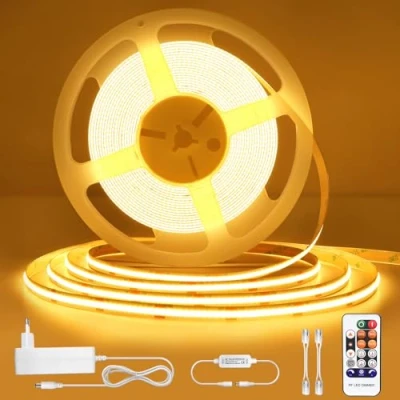 Imagen de Tira LED COB 10m,tira blanco calido luces con mando,fácil de instalarTira 10 m,3000k DC 24V Tiras Regulable CRI90+ 480 leds,IP44 impermeable,para Dormitorio, Cocina,TV