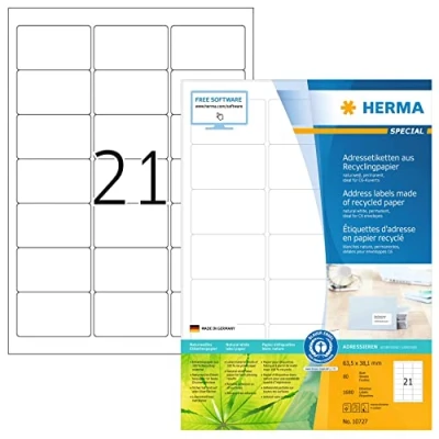Imagen de HERMA 10727 Etiquetas recicladas, 80 hojas, 63,5 x 38,1 mm, 21 hojas por A4, 1680 unidades, autoadhesivas, imprimibles, mate, en blanco, papel reciclado, blanco natural