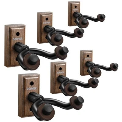 Imagen de Donner Soporte Guitarra Pared, Colgador de Pared para Guitarra, Bajo, Ukelele Folklórico, Violín, Banjo Mandolina y Instrumentos Cuerdas Base Nogal Negro, Pack x 6