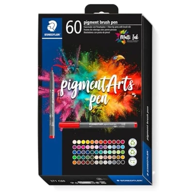 Imagen de STAEDTLER Brush pen pigment Arts, tinta de dibujo premium, punta pincel para ancho línea variable, impermeable, secado rápido, 60 rotuladores en colores surtidos estuche cartón, 371 C60