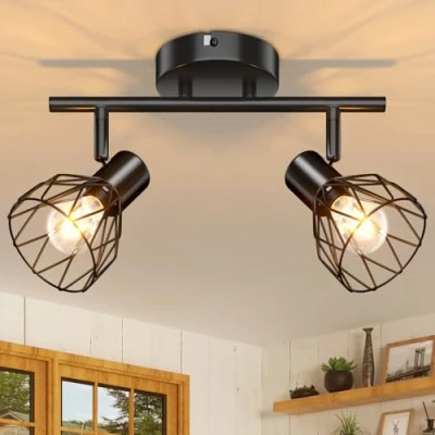 Imagen de Kimjo Lámpara de Techo 2 Focos, Plafón LED Vintage E14 Ajustables y Giratorios, Pared Retro para Interior Iluminación Salón Dormitorio Pasillo, Max. 40W, No Incluye Bombilla