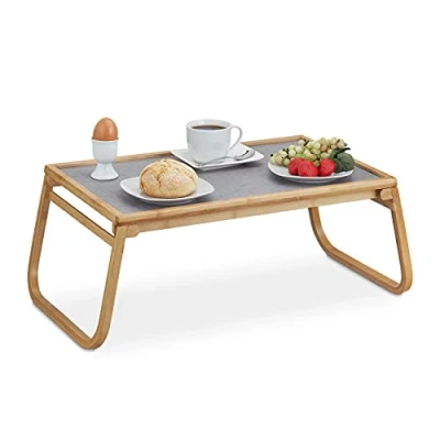 Imagen de Relaxdays Türstopper Bandeja de Cama Bambú, Patas Plegables, Borde Elevado, para Servir el Desayuno, 23x60x33 cm, Natural y Gris