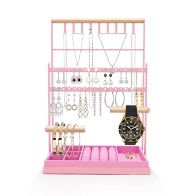 Imagen de TFSZE Soporte Para Joyas,Organizador De Joyas,Soporte Joyas Con Bandeja Y Pendientes,Organizador Exhibición Pendientes, Collares, Brazaletes Anillos(Rosa)