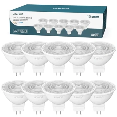 Imagen de Linkind Bombilla LED GU5.3 MR16, 3.4W Equivalente 35W Bajo Consumo,2700K Blanco Cálido, no regulable, Ángulo de haz estrecho 36 , Pack 10
