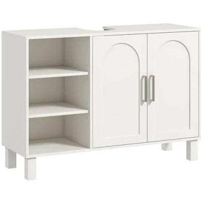 Imagen de HOMCOM Mueble bajo Lavabo de con Pie Baño Moderno 2 Puertas y Estantes Ajustables 90x30x63 cm Crema