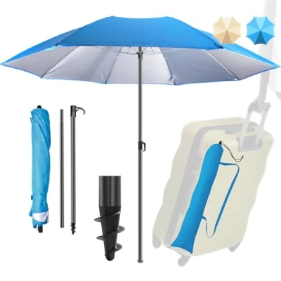 Imagen de 4smile sombrilla de playa UPF 50+, color beige, práctica viaje para maleta, diámetro 160 cm, paraguas funcional pequeña, plegable, compacta apta maletín