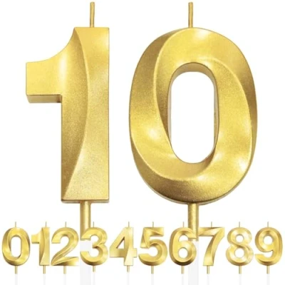 Imagen de 10th Vela de Cumpleaños con Purpurina Dorada y Diseño 3D Número 0, Velas Números, Decoración Tarta, Tarta para Fiesta Cumpleaños, Aniversario Boda,
