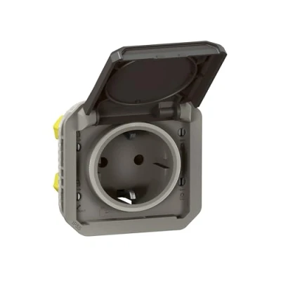 Imagen de LEGRAND, Plexo 069571L Enchufe para ambientes húmedos, estándar Schuko, incluye tapa, protección táctil, bornes, 16 A, 250 V, IP44 IK08 (IP55 con la tapa cerrada), color antracita