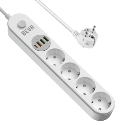 Imagen de BEVA Regleta Enchufes de 4 Tomas Corrientes y Rápida USB Tomas, Power Strip con Protección Sobrecargas Interruptores, Ladron Enchufe Cable 2M, 2500W/10A
