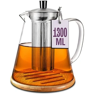 Imagen de Cosumy Tetera de Cristal Con Filtro Acero Inoxidable Grande 1,3 L Posavasos Bambú Apta para Lavavajillas