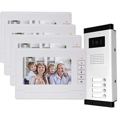 Imagen de uoweky intercomunicador de vídeo con cable 7 TFT LCD 4 monitores interiores + cámara visión nocturna IR 700TVL alta resolución para varios apartamentos y familias