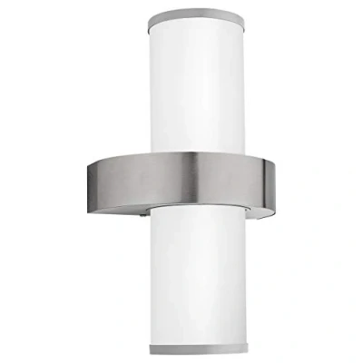 Imagen de Eglo Beverly Lámpara de pared para exterior 2 focos, aplique acero inoxidable en color plata y cristal blanco esmerilado, casquillo E27, IP44