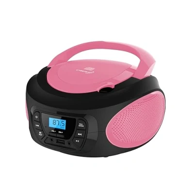 Imagen de Boombox Reproductor de CD portátil CD/CD R USB Radio FM Entrada AUX IN Toma para auriculares niños Canal estéreo Sistema compacto Rosa brillante (Pretty Pink)