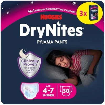 Imagen de Huggies DryNites Bragas absorbentes para niña 4 7 (17 30 kg), Clínicamente probado con 5 capas de máxima protección nocturna, 3 packs 10, Total pañales noche