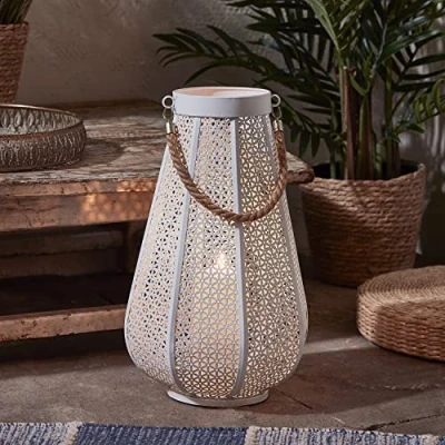 Imagen de Lights4fun Gran Farol Blanco a Red de 38,5cm con Vela TruGlow® LED Cálido Pilas para Exteriores
