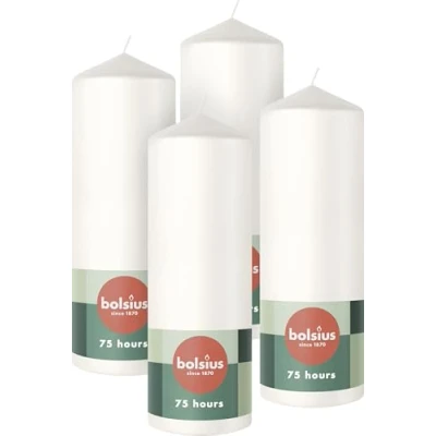 Imagen de Bolsius Velas decorativas para el hogar, color blanco, 4 unidades, 20 x 7 cm, largo tiempo de combustión 75 horas, sin perfume, 5% cera vegana natural, aceite palma Valentin