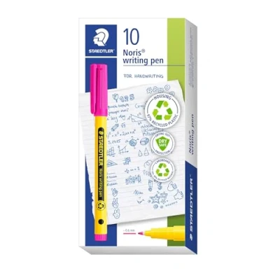 Imagen de STAEDTLER Noris writing pen 307 Fineliner, carcasa de 97% plástico reciclado según la norma ISO 14021, bolígrafo punta fina reciclado, magenta, caja plegable, 10 rotuladores finos,