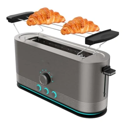 Imagen de Cecotec Tostadora Vertical de Acero con Ranura Larga Shine&amp;Toast Extra. 1050W, Capacidad para 2 Tostadas, Ancha 3,8cm, Anillo Luminoso, 7 Niveles Tostado, Varillas Superiores