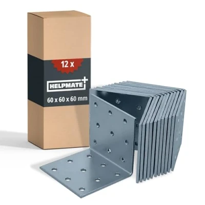 Imagen de HELPMATE 12 unidades de ángulos placa perforada 60 x mm Conector ángulo galvanizado y azul pasivado madera con excelente protección contra la corrosión Ángulo