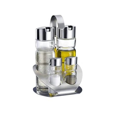 Imagen de Westmark Juego de salero, pimentero y vinagrera para aceite vinagre, 5 piezas, Capacidad: 2x 40 ml / 160 ml, Acero inoxidable vidrio, Wien, Plateado transparente, 65052260