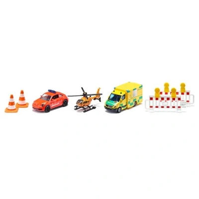 Imagen de siku 6332, Set de vehículos rescate, Ambulancia VW Beetle, Vehículo salvamento Mercedes, Helicóptero juguete, Plástico/metal, Multicolor, Incluye 2 balizas y conos