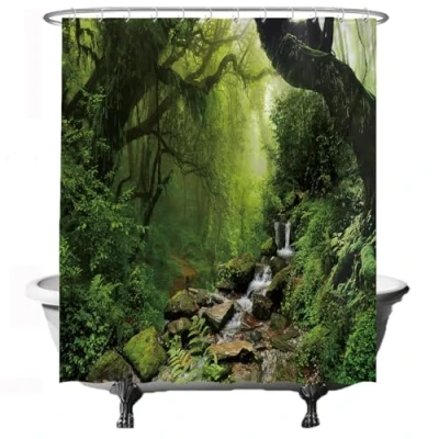 Imagen de Ulticool Cortina de Ducha Selva Tropical Natural Plantas Ecológicas Cascada 180 x 200 cm Lavable Resistente al Agua Antimoho con 12 Anillas Blanco Semi Transparente
