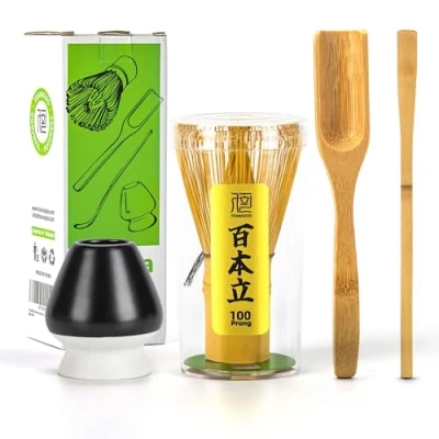 Imagen de TEANAGOO Accesorio para la Ceremonia Japonesa del Matcha, Batidor de Matcha (Chasen), Cuchara Tradicional (Chashaku), Té, Soporte Negro Mate,I4, El Set Perfecto