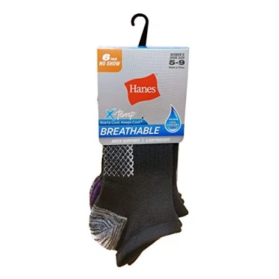 Imagen de Hanes Women&#039;s Lightweight Breathable No Show Socks 6 Pair Pack, Black/Grey Accent Design, Shoe Size: 5 9