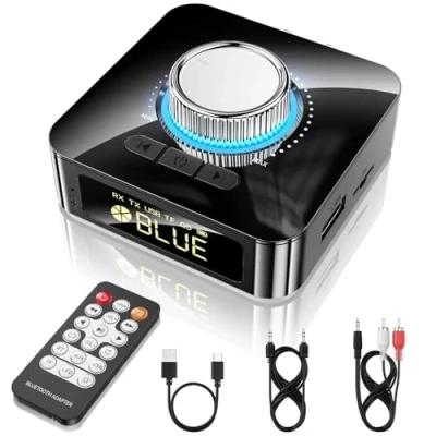 Imagen de GlasFlength Receptor transmisor Bluetooth 5.4 para 2 Auriculares, Adaptador de Audio Bluetooth, Baja latencia con Interruptor Bypass, AUX óptico RCA TV estéreo PC