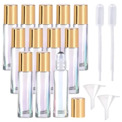 Imagen de 12 botellas de rodillo aceites esenciales, cristal roll on, botella vacía 10 ml con bolas acero inoxidable, rellenables, multicolor para