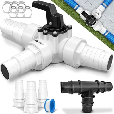 Imagen de tillvex® Juego de Bypass Piscina Completo 12 pzs. Ø 32 &amp; 38 mm Conector Válvula 3 vías y Adaptador ABS con 6 Abrazaderas Manguera Acero Inoxidable Cinta Aislante 8 m