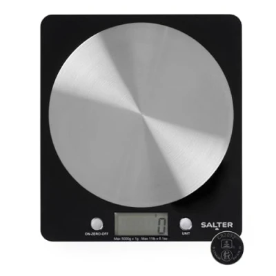 Imagen de Salter 1036 BKSSDR Báscula electrónica de discos, anunciada en TV, diseño fino y elegante, cocina casera, plataforma acero inoxidable hilado, añadir pesar, líquidos, máx. 5 kg, negro/cromado