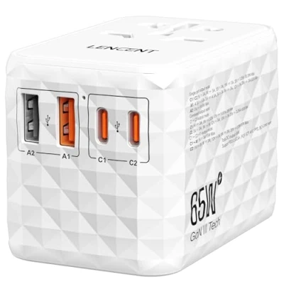 Imagen de LENCENT Adaptador Enchufe Universal 65W, Internacional con 2 USB A &amp; 3 C Carga Rápida, Europeo para Móvil, Tableta, Portátil, UK/EU/AU/US, Blanco