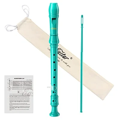 Imagen de Eastar Flauta soprano para niños principiantes, instrumento de digitación alemán C, 3 piezas con kit limpieza, reposapulgar, bolsa algodón, tabla digitación, ERS 21GSB, azul cielo
