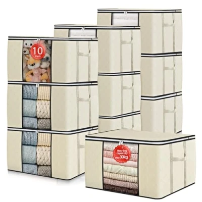 Imagen de GoMaihe Cajas Almacenaje Ropa 10 PCS Bolsas Para Guardar 90L Plegables Ventana Transparente con Cremallera, Organizador Armario Edredón de Almohadas Manta, Beige