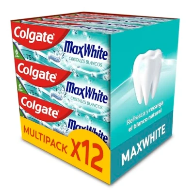 Imagen de Colgate Max White Cristales Blancos Pasta de Dientes Blanqueante, Pack 12 Uds x 75ml, Salud Bucodental Completa, Dentífrico Blanqueador con Protección contra las Caries, Aliento Fresco