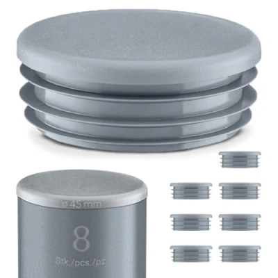 Imagen de tapones de láminas redondos, 45 mm, 8 unidades, color gris, tapas acero, plástico para tubos 4,5 cm EMFA®