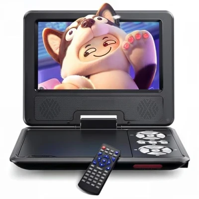 Imagen de WOLFANG Reproductor de DVD portátil 9,5 pulgadas para niños en el coche con pantalla giratoria HD 7,5 pulgadas, altavoces estéreo, 6 horas duración la batería, soporte sincronización