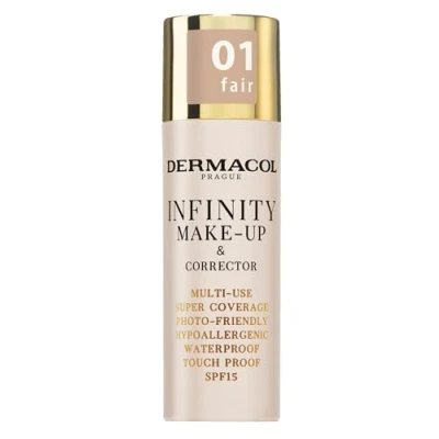 Imagen de Dermacol Base de maquillaje y corrector Infinity, Multiusos, Supercobertura, Photo friendly, Hipoalergénico, Resistente al agua, A prueba contacto, SPF 15, 01 FAIR